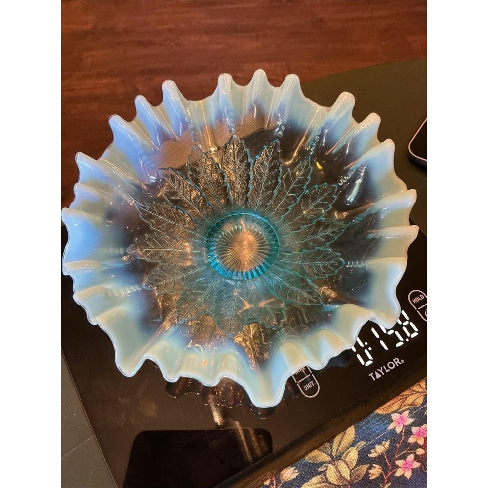 Antique 9" Northwood Glass Leaf Beads Blue Opalescent Ruffled Edge Footed Bowl